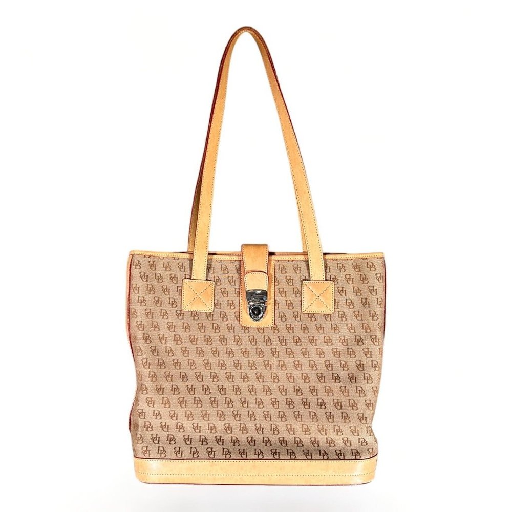 Dooney & Bourke Signature Tote Shoulder Handbag Purse Beige Leather Canvas
